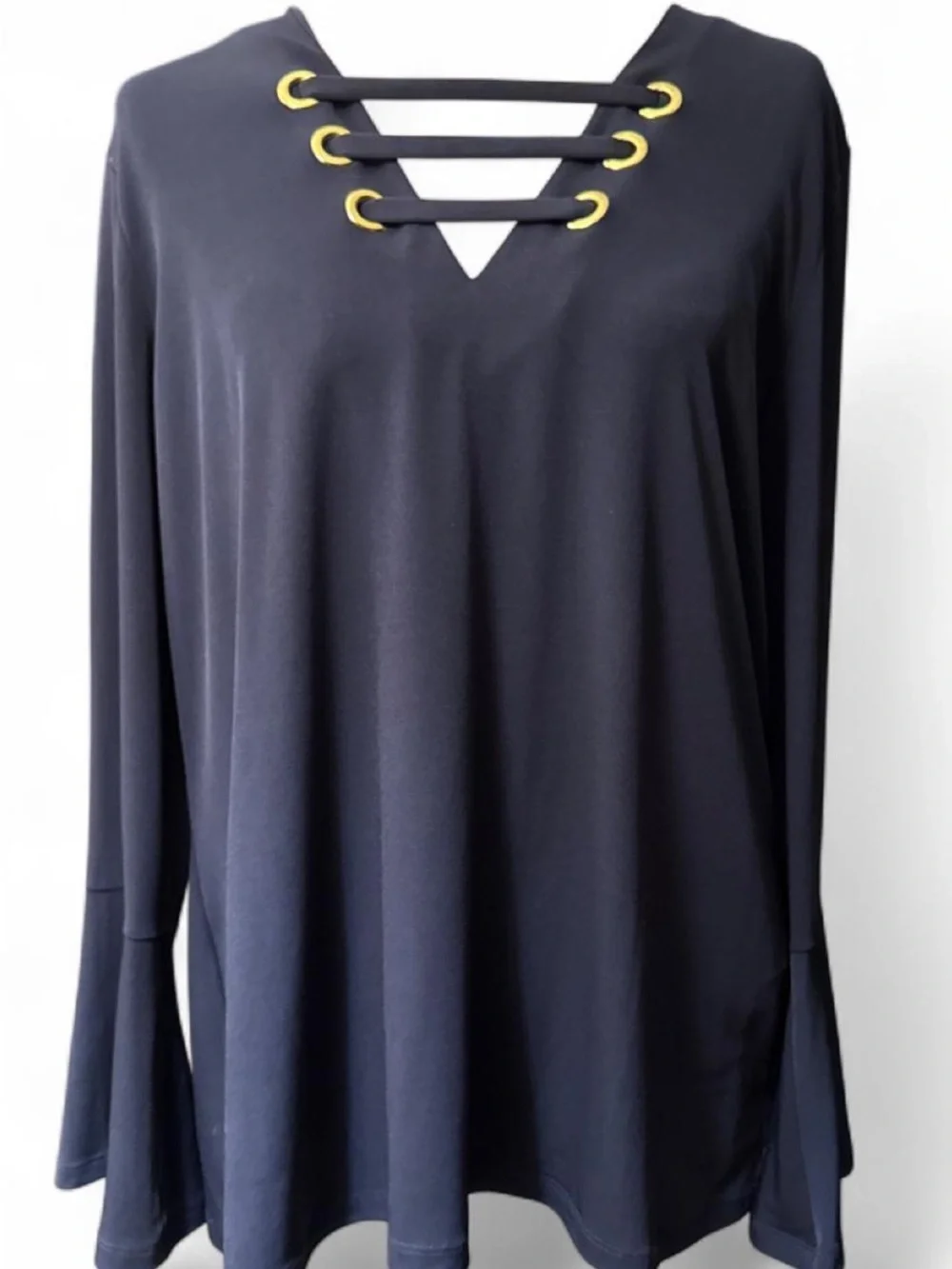 Michael Michael Kors Navy Long-Sleeve V-Neck Top with Gold Eyelet Detail